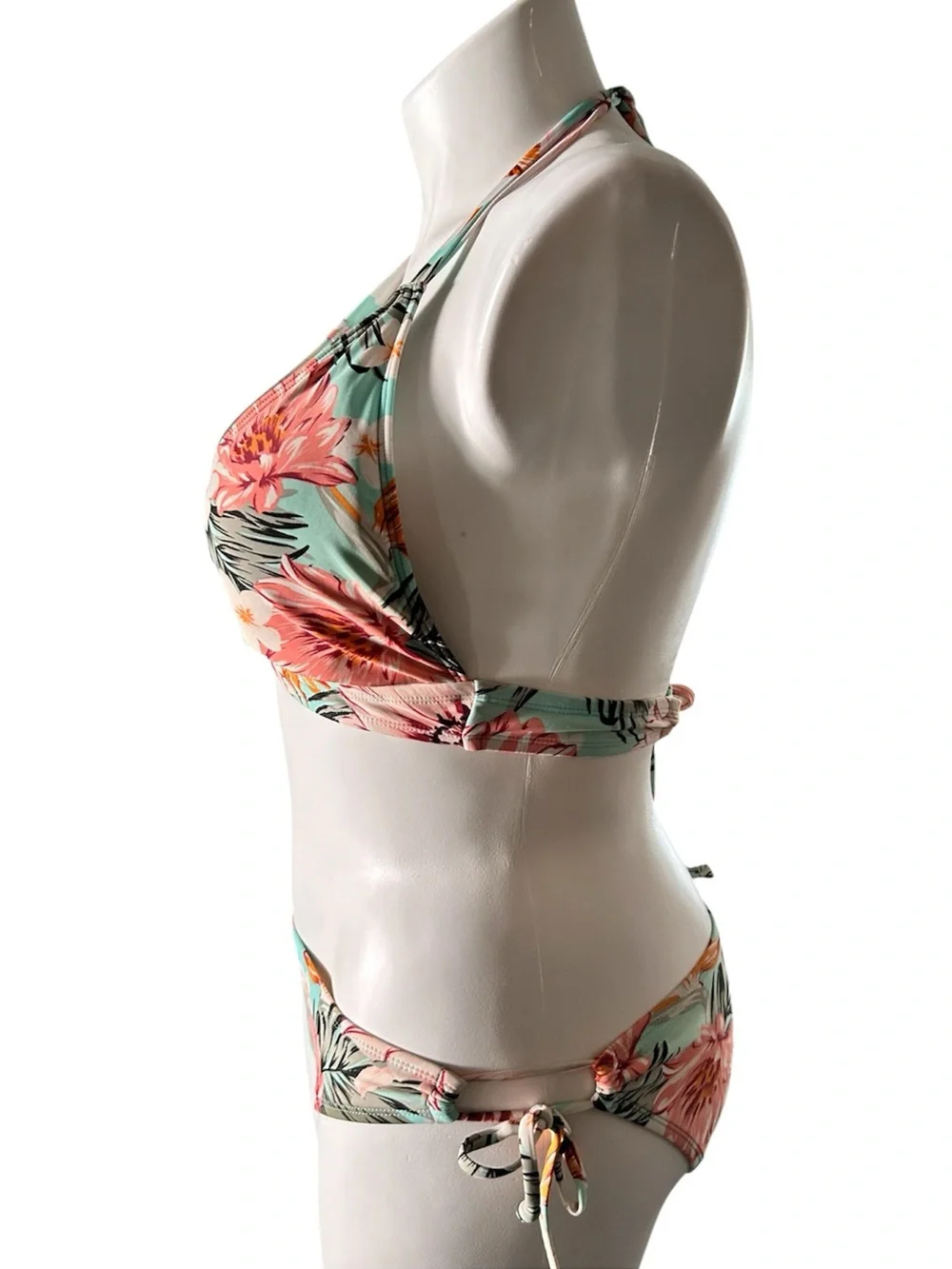 Kona Sol Bikini Floral Print Aqua Pink White Low Rise Bottoms EUC Sz L